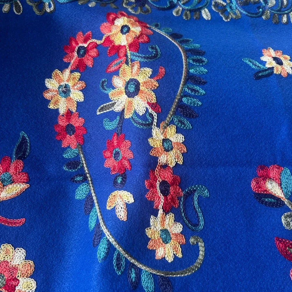 Jessica McClintock Otomi Embroidery Scarf Blue Fabric with Floral Paisley Design